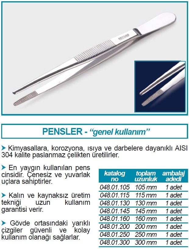 İSOLAB 048.01.105 pens paslanmaz çelik genel amaçlı düz yuvarlak uçlu